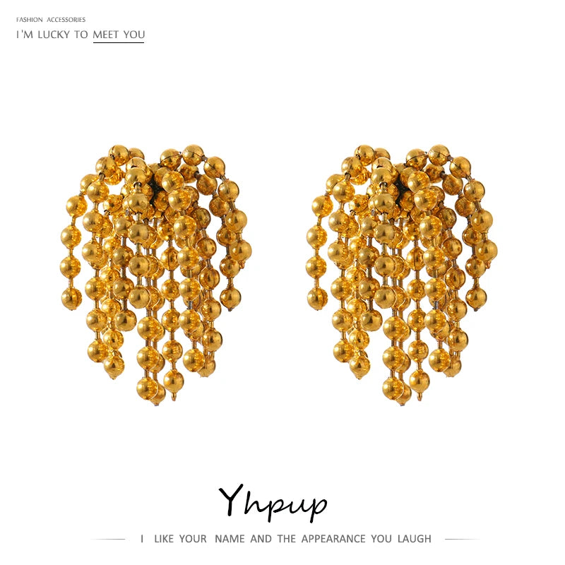 Yhpup Statement Tassel Bead Fireworks Stud Earrings Gold Stainless Steel Waterproof Fashion Jewelry 18 K Plated Metal Women