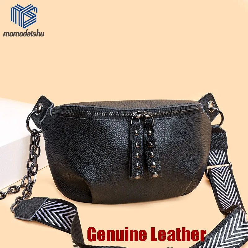 Genuine Leather Women Moon Chest Bag Female Wide Shoulder Strap Soft Small Girls Shoulder Bags Messenger Leather Crossbody Bags