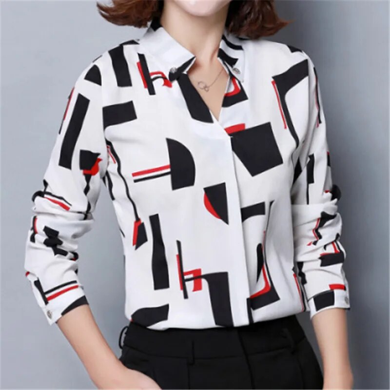 Women Blouse Shirt 2022 Spring Elegant Long Sleeve Print V-Neck Chiffon Blouse Female Work Wear Shirts Tops Plus Size