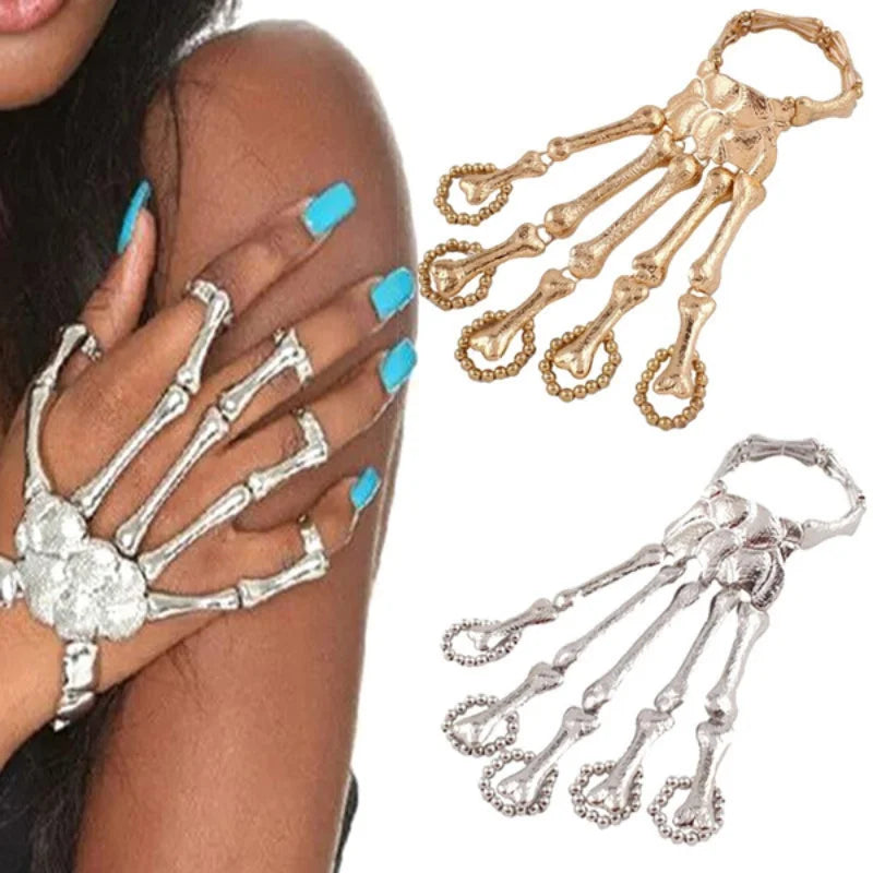 Creative Punk Skeleton Hand Bone Versatile Five Finger Ring Bracelet Adjustable One Chain Bracelet Halloween Bracelet Unisex