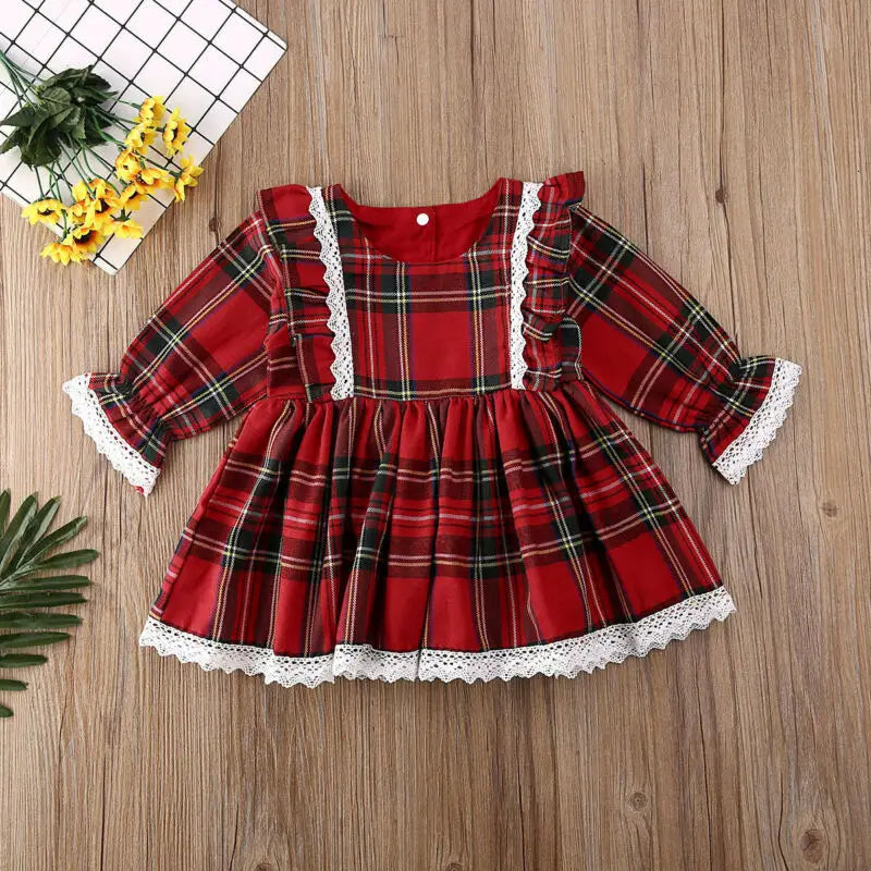 1-6Y Christmas Girls Red Dress Toddler Baby Kid Girls Lace Ruffles Tutu Party Dress Plaid Xmas Costumes Children Clothes