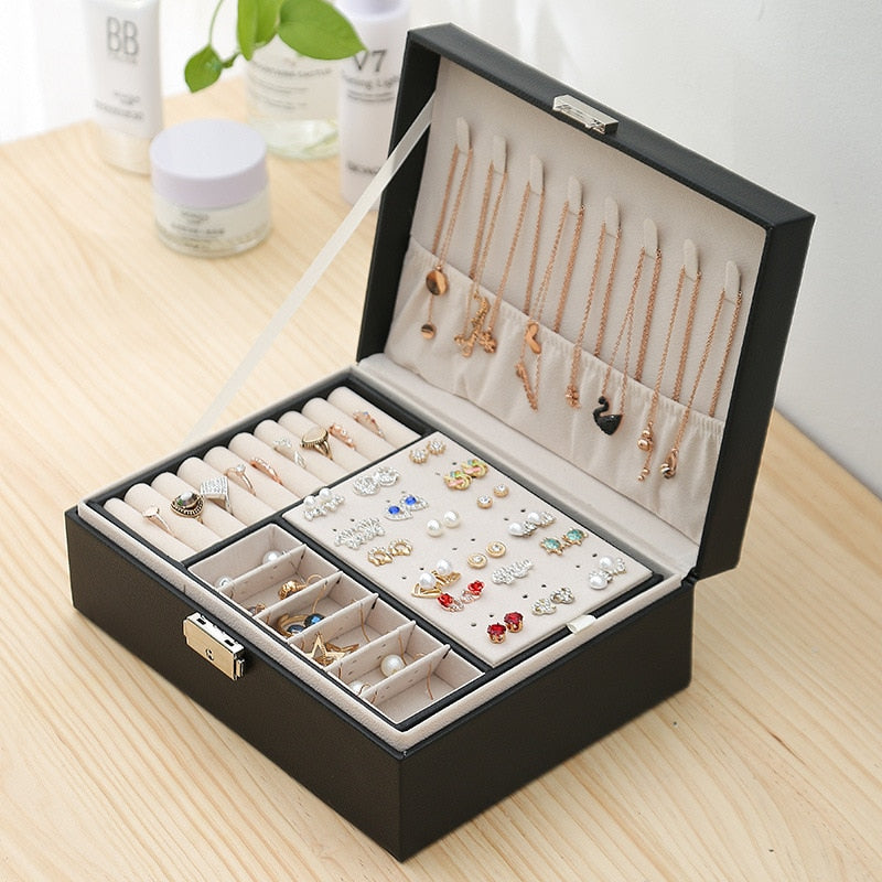 New Double-Layer Leather Jewelry Box Ear Stud Earrings Ornament Storage Holder Multi-Function Large Jewelry Packaging Display