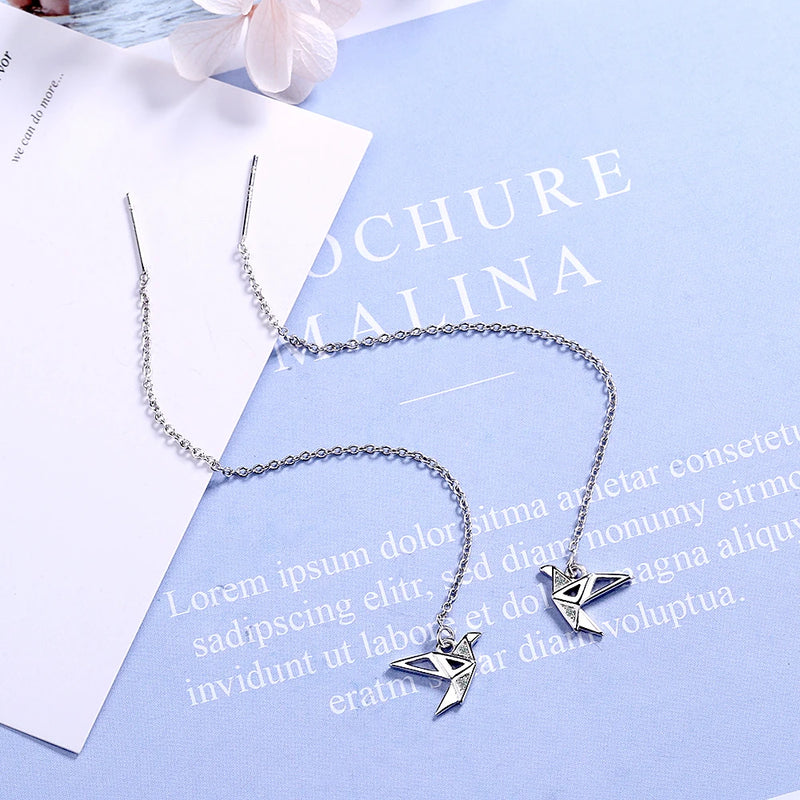 Real. 925 Sterling Silver Fine jewelry origami paper crane dangle earrings Threader GTLE2743