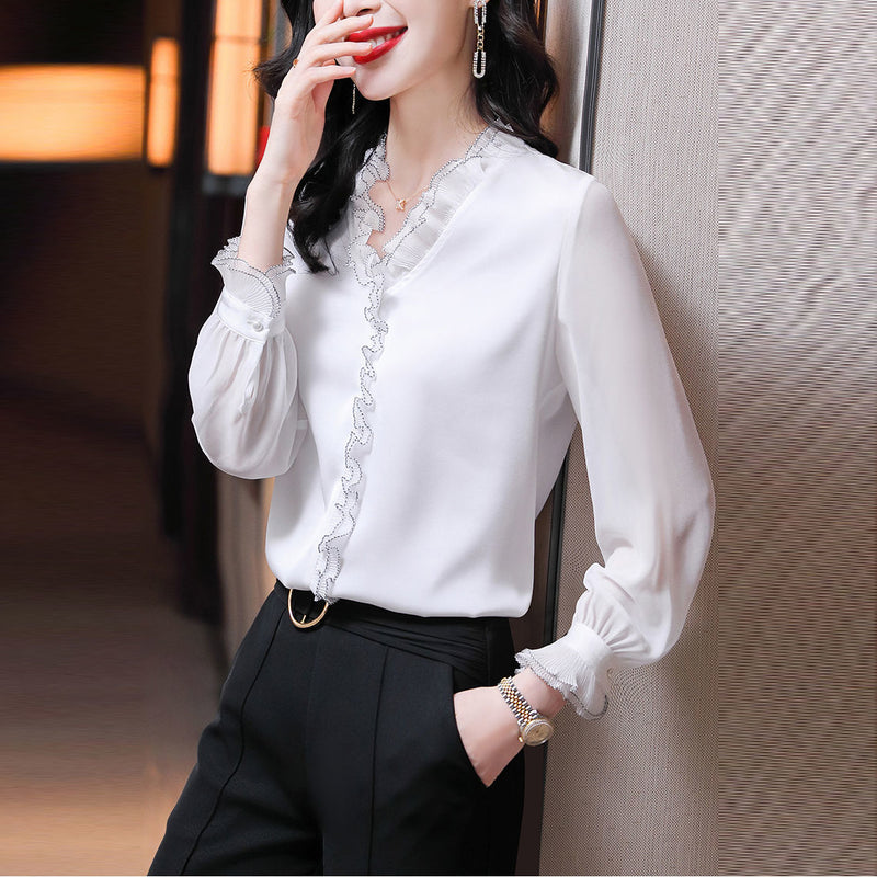 Lace Ruffles Chiffon Shirts Women&