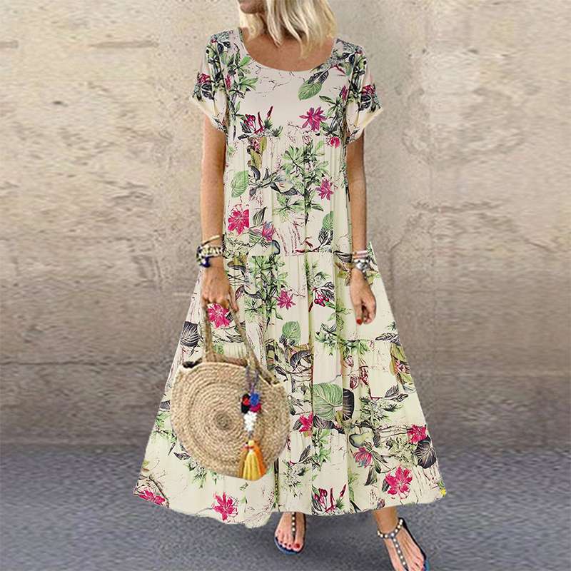 ZANZEA 2023 Summer Dress Women Vintage Floral Printed Short Sleeve Sundress Ladies Bohemian Party Long Vestido Robe Loose Dress