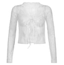 Women Sexy See Through Y2K Mesh Cardigan Shirt Ladies Girls Long Sleeve Button Down Lace E-Girl Shirt Crop Top