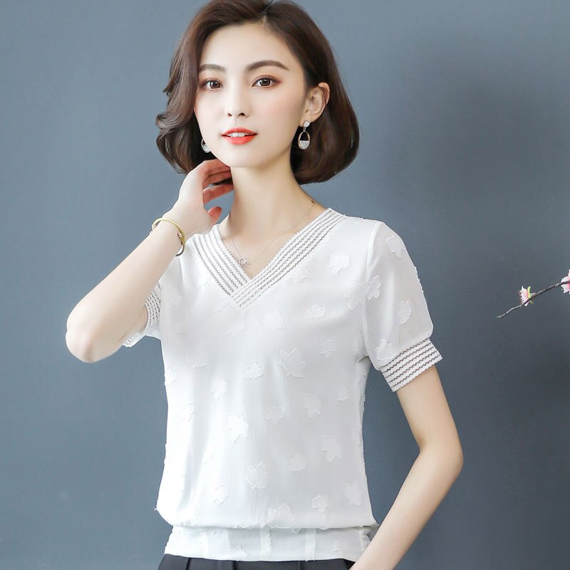 Women Spring Summer Style Chiffon Blouses Shirts Lady Casual Short Puff Sleeve V-Neck Loose Chiffon Blusas Tops ZZ0843