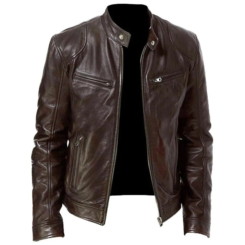 Autumn Winter Men Stand Collar Zipper Faux Leather Motorcycle Jacket Short Coat