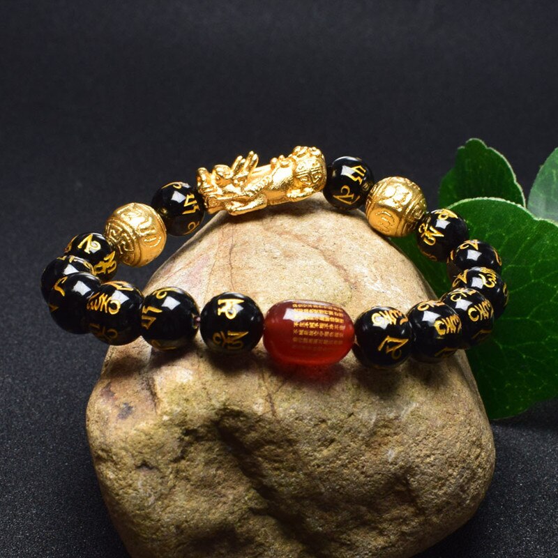 Stone Beads Bangles Bracelet 6 Words Gold Color Brave Troops Chinese Lucky Enegry God Beast Pixiu Bracelet Dropship Jewelry Gift