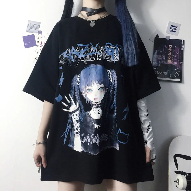 Gothic Clothes Loose T Shirts Harajuku Style Print Anime Tshirt Streetwear Female Short Sleeve Woman T-shirt E Girl Clothes