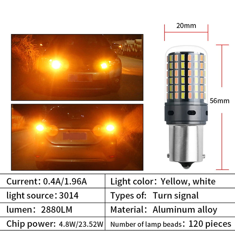 2PCS 1156 BA15S P21W BAU15S PY21w 3156 T20 7440 W21W Canbus LED Bulbs 3014 120SMD No Error Dual Color Turn Signal light NO Flash