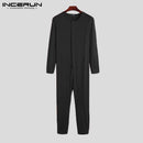 INCERUN Men Pajamas Jumpsuit Homewear Solid Color Long Sleeve Comfortable Button Leisure Sleepwear Men Rompers Nightwear S-5XL
