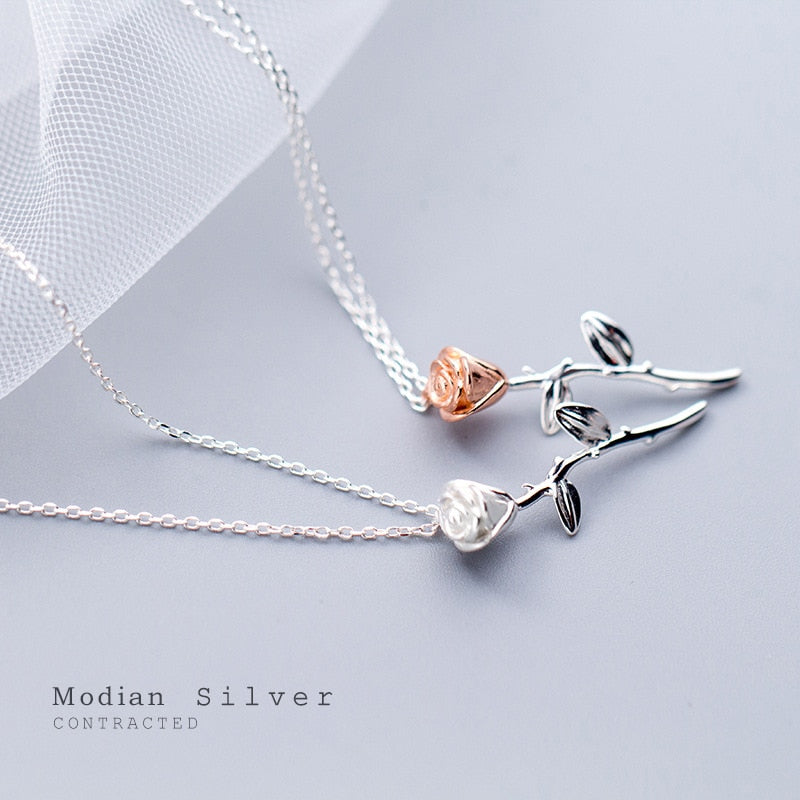 Modian Romantic 925 Sterling Silver Rose Flower Pattern Short Chain Necklace for Women Rose Gold Color Charm Luxury Fine Jewelry