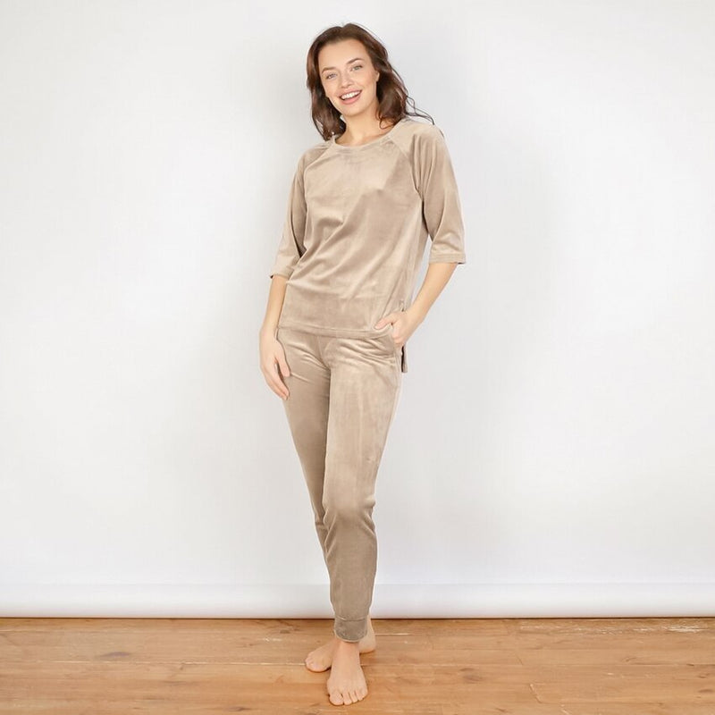 HiLoc Knitted Velvet Sleepwear Women Irregular Home Suit Winter Sets 2021 Warm Khaki Solid Female Pajamas Top And Pants Spring