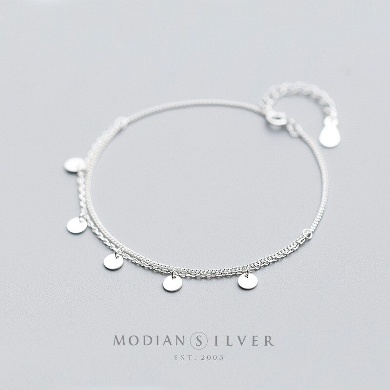 Modian Classic 925 Sterling Silver Round Sequins Double Chain Bracelet for Women Simple Bracelet Korea Style Fine Jewelry Gift