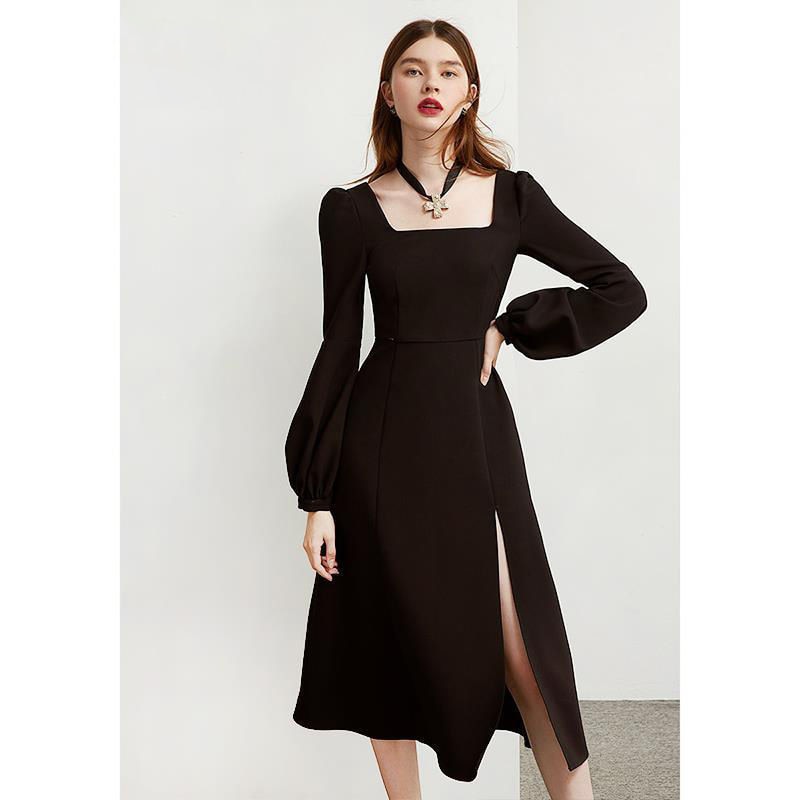 Black Retro Split Dress Women Elegant Midi Designer Dress Female Long Sleeve Hepburn Style Chiffon Vintage Dress Fall 2020 Women