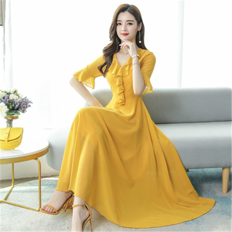 Chiffon dress 2020 Korean summer new fashion V-neck flared sleeves Slim was thin temperament big swing dress