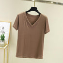 chic casual  Cotton T Shirt Ribbed Short Sleeve Women Summer Basic v-neck T shirt Loose Candy Color T-shirt Tee Female