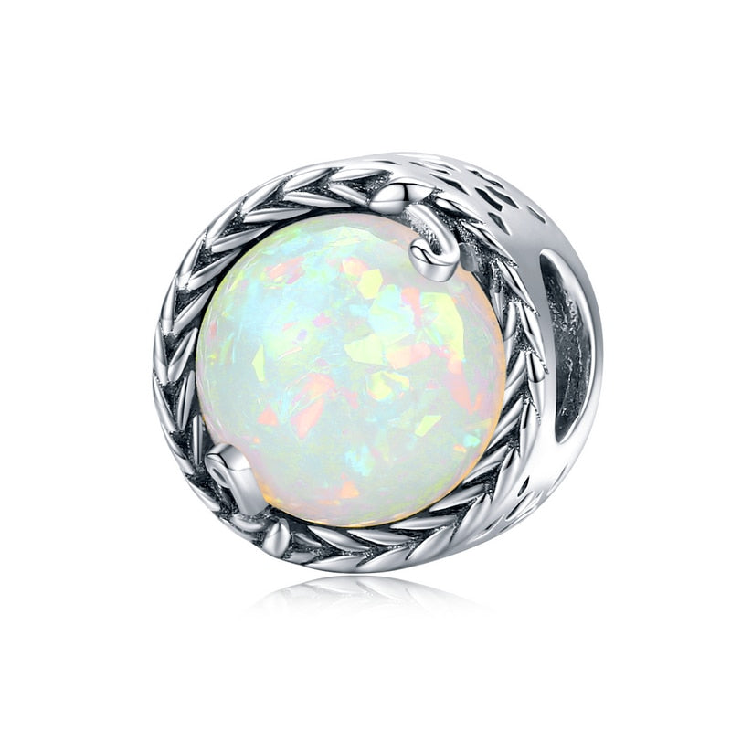 BISAER Vintage Vines Beads 925 Sterling Silver Opal Round Charms Brilliant Pendant Fit Bracelet Necklace DIY Jewelry ECC1576