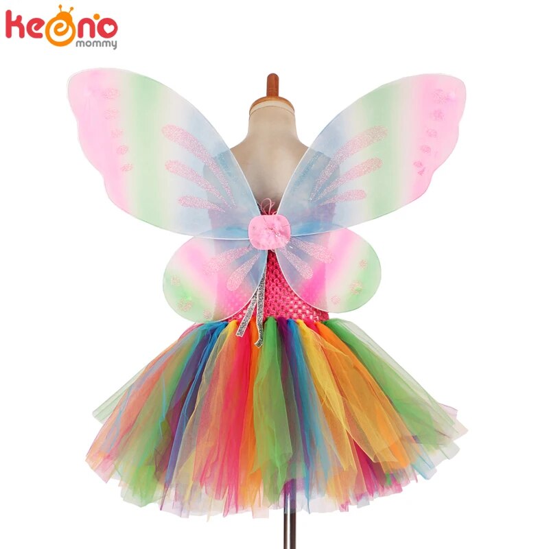 Rainbow Girls Tulle Tutu Dress Handmade Fluffy Baby Ballet Tutus with Butterfly Wing Costume Set Children Birthday Party Dresses
