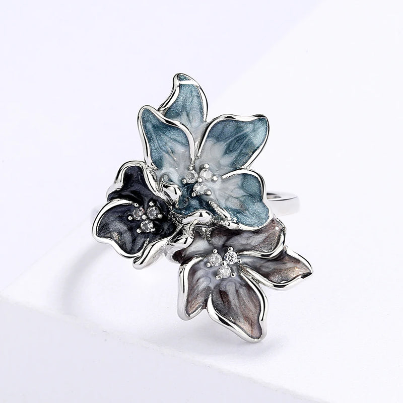 2021 Newest Creative Handmade Epoxy Enamel Blue Flower Ring For Ladies Party Birthday Wedding Jewelry Gift