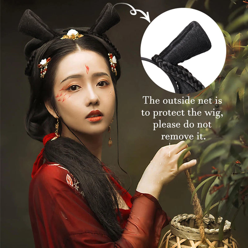 BUQI Chinese Traditional Retro Hair Chignon Synthetic  Hanfu Cosplay Wig Black Fake Hair Bun Ancient Fairy Princess Hair Band