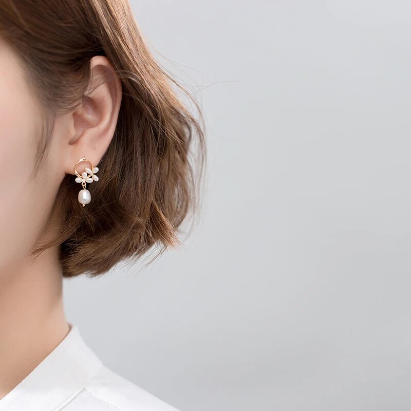 Modian Authentic 925 Sterling Silver Pearl Flower Shape Earring for Women Luxury Gold Color Hoop Earring Fine Jewelry Brincos