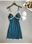 Womens Sexy V-neck Nightwear Femme Satin Sling Shorts Sleepwear Lingerie Lace Sleeveless Underwear Pijama Feminino No chest pad