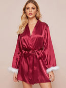 Satin Feather Night Gown Ladies Bathrobe Pink Belted Kimono Gorgeous Bride Bridesmaid Wedding Robes