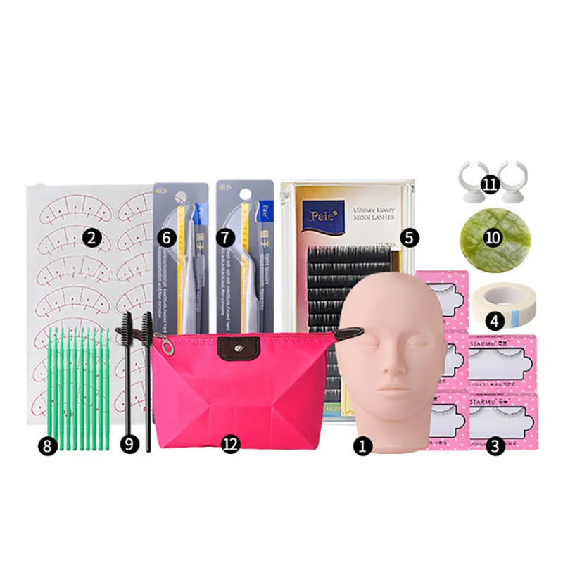 False Eyelash Extension Training Kit Practice Model Head Eye Pads Tweezers Glue Ring Brush Grafting Eyelash Tools Kit