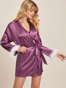 Satin Feather Night Gown Ladies Bathrobe Pink Belted Kimono Gorgeous Bride Bridesmaid Wedding Robes