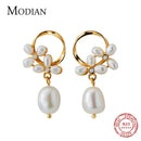 Modian Authentic 925 Sterling Silver Pearl Flower Shape Earring for Women Luxury Gold Color Hoop Earring Fine Jewelry Brincos