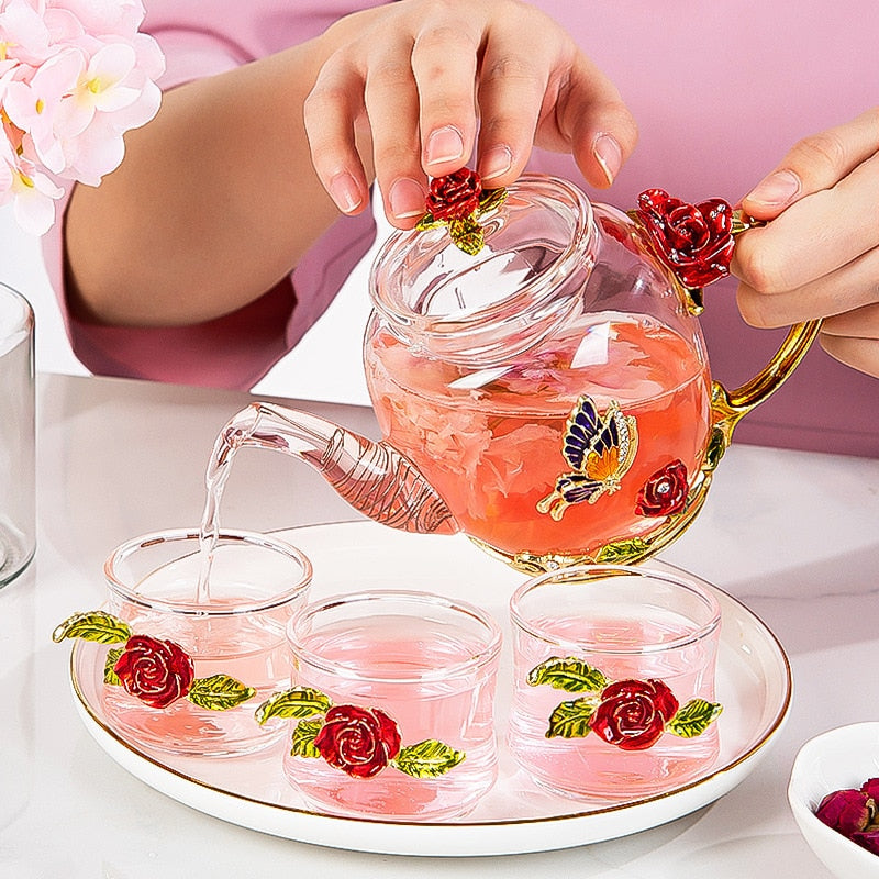 Red rose Enamel Crystal Flower Glass Teapot for Hot and Cold Drinks Home Drinkware Office water kettle Tea set coffee pot