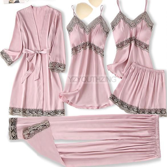 5PCS Robe Suit Satin Women Nightwear Lace Kimono Gown Bridal Wedding Bathrobe Set Sexy Pajamas V-Neck Sleepwear Lounge Lingerie