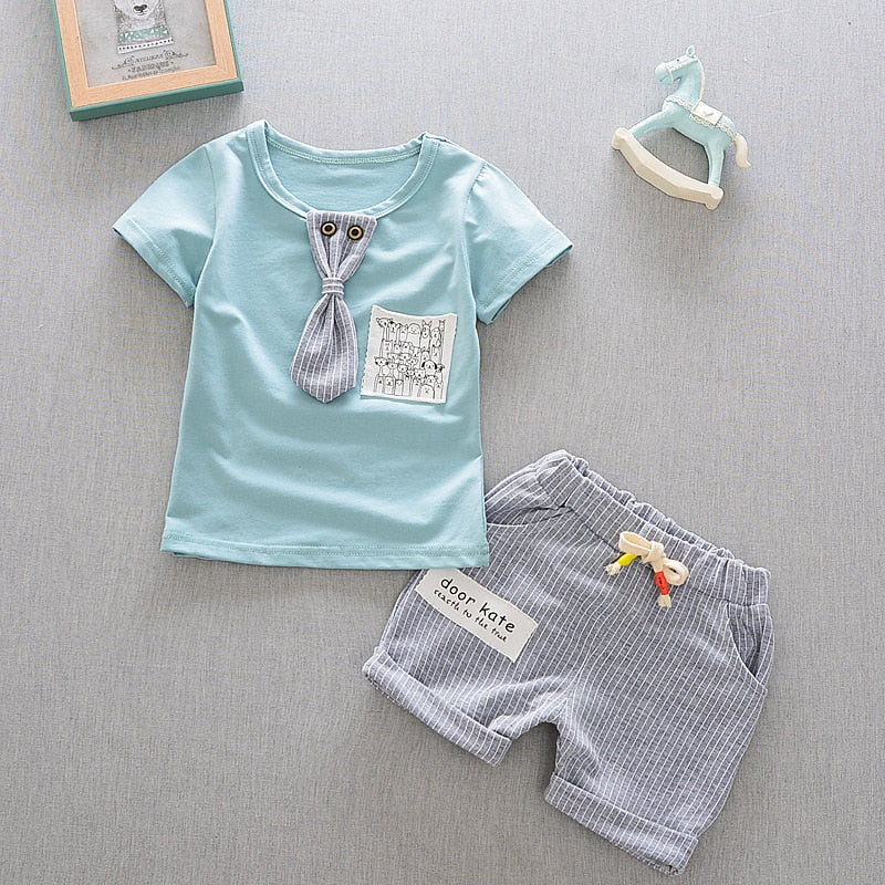 New Summer Newborn Baby Boys Clothes Children Gentleman Tie T-shirt Shorts 2Pcs/Set Toddler Cotton Girls Clothing Kids Tracksuit