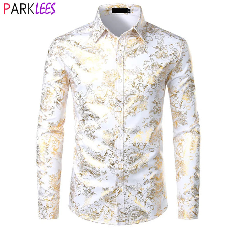 Shiny Paisley Printed Luxury Dress Shirts Men Long Sleeve Casual Button Down White Wedding Groom Party Dinner Shirt Male Chemise