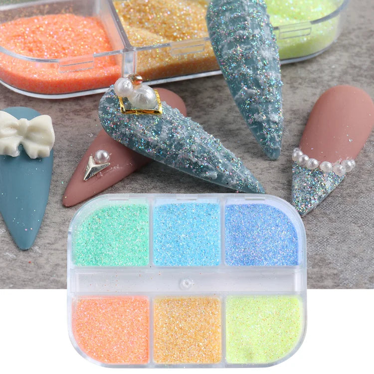 6 Grid Snow Crystal Nail Glitter Powder Sparkly Ice Chrome Flakes Reflective Thin Sequins Autumn Winter Nail Art Decoration LAXR
