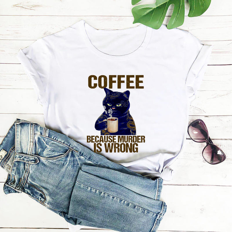Coffee Cat Printed 100%Cotton Women's Tshirt Cat Mom Life Funny Summer Casual O-Neck Short Sleeve Tops Coffee Lover Gift