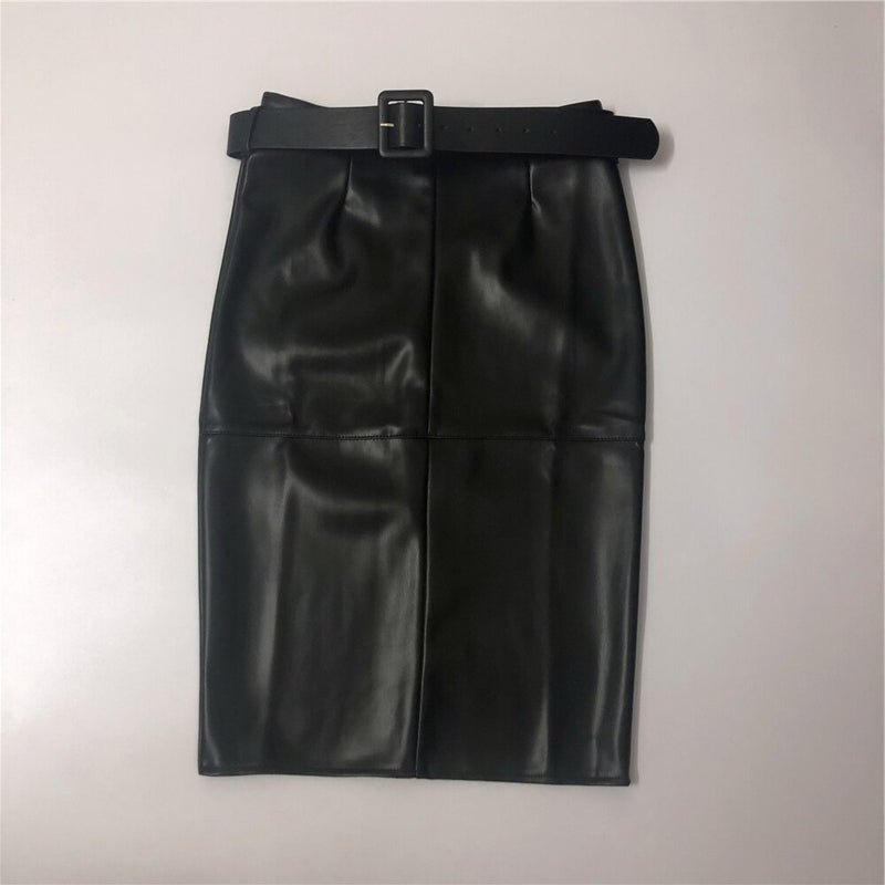 REALEFT Stylish PU Leather Wrap Midi Skirts with Belt Autumn Winter 2022 New Women High Waist Sheath Pencil Back Split Skirts