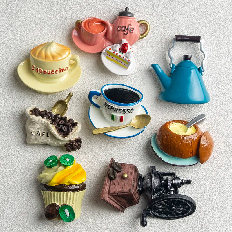 Nordic ins home decoration 3D food macarone coffee refrigerator paste magnetic Coffee cake kettle fridge magnet collection gifts