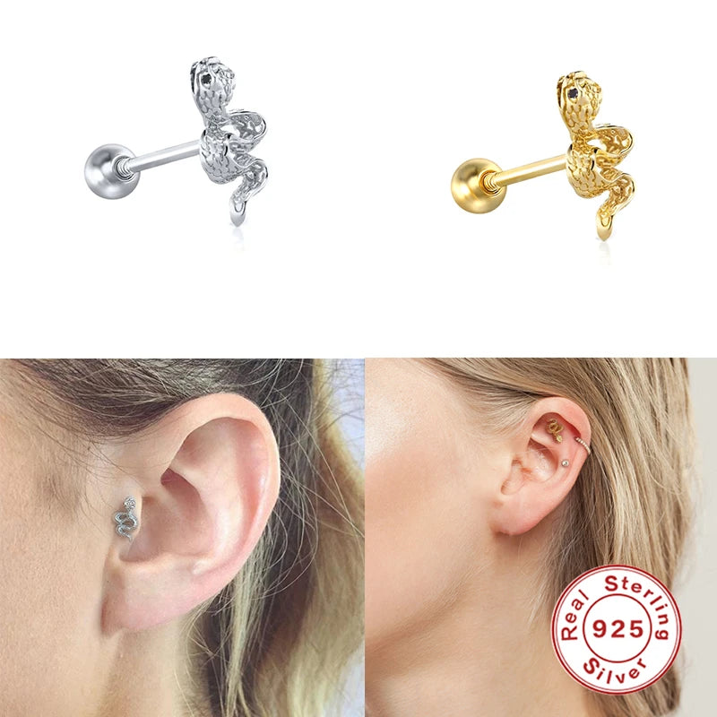 925 Sterling Silver Aretes Piercing Earrings Cute Snake Cartilage Stud Earring For Women Ear Bone Buckle pendientes plata 925