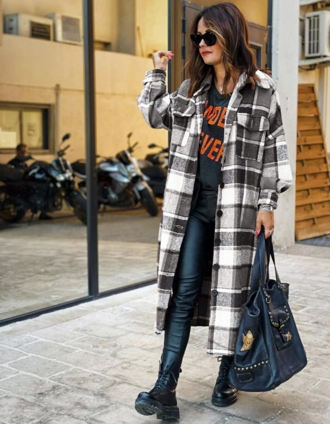 Women's Fashion Long Plaid Coat Autumn Shirt Coat Woolen Coat Streetwear Women Clothing Loose Coat Female Casual Jacket