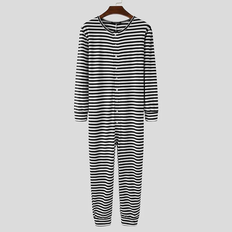 INCERUN Men Pajamas Jumpsuit Homewear Solid Color Long Sleeve Comfortable Button Leisure Sleepwear Men Rompers Nightwear S-5XL