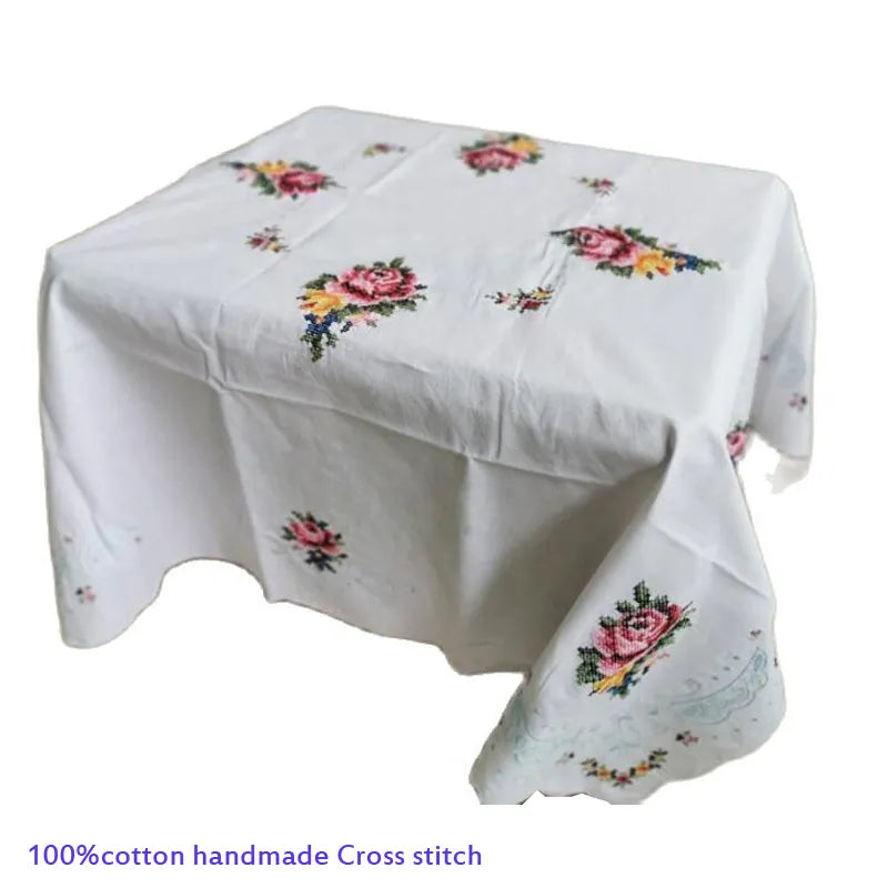 Handmade Rose flower Cross stitch cotton white table cover cloth towel Christmas tablecloth wedding party home New Year decor