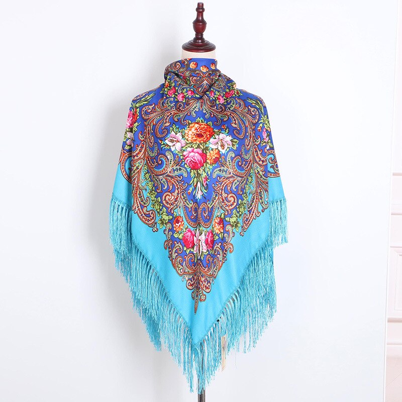 130*130cm Russian National Big Square Scarf For Women Cotton Ethnic Style Print Head Scarves Ladies Retro Fringed Blanket Shawl