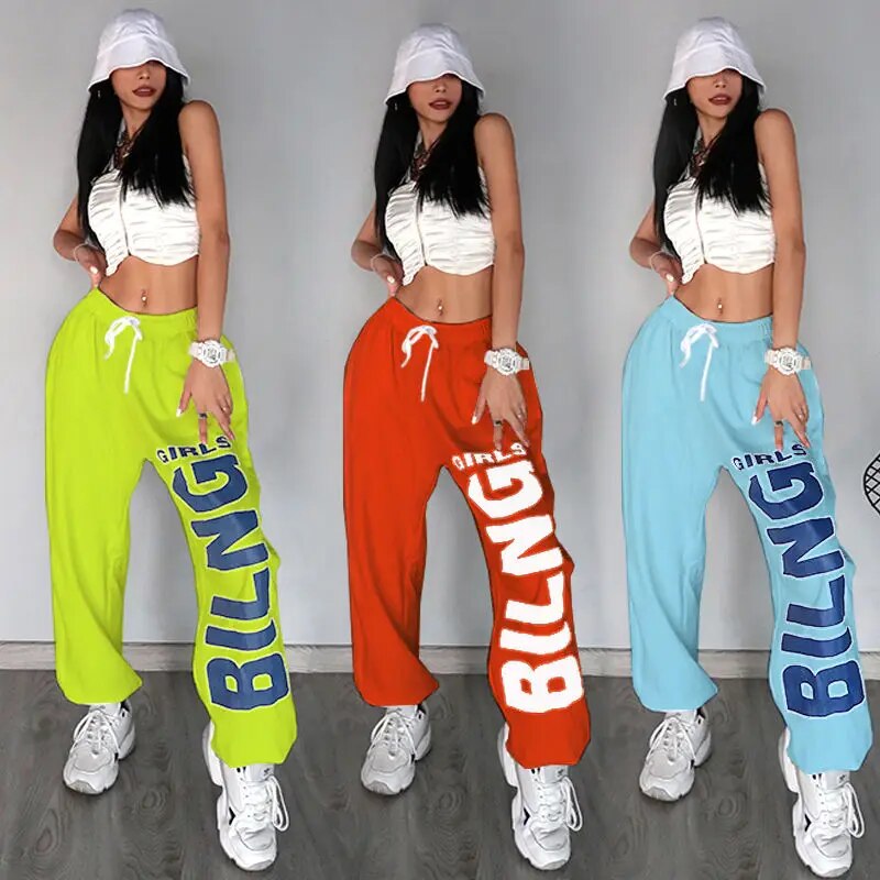 American retro letter print trousers women's 2021 new sports hip-hop trend casual pants dance jazz performance loose pants