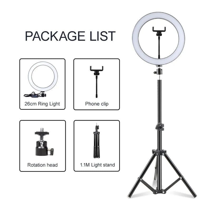 Photo Lights 26cm/10in Circle Ring Light Dimmable Luces LED Selfie USB Plug Lamp For Tiktok Video Studio Light With Tripod Stand