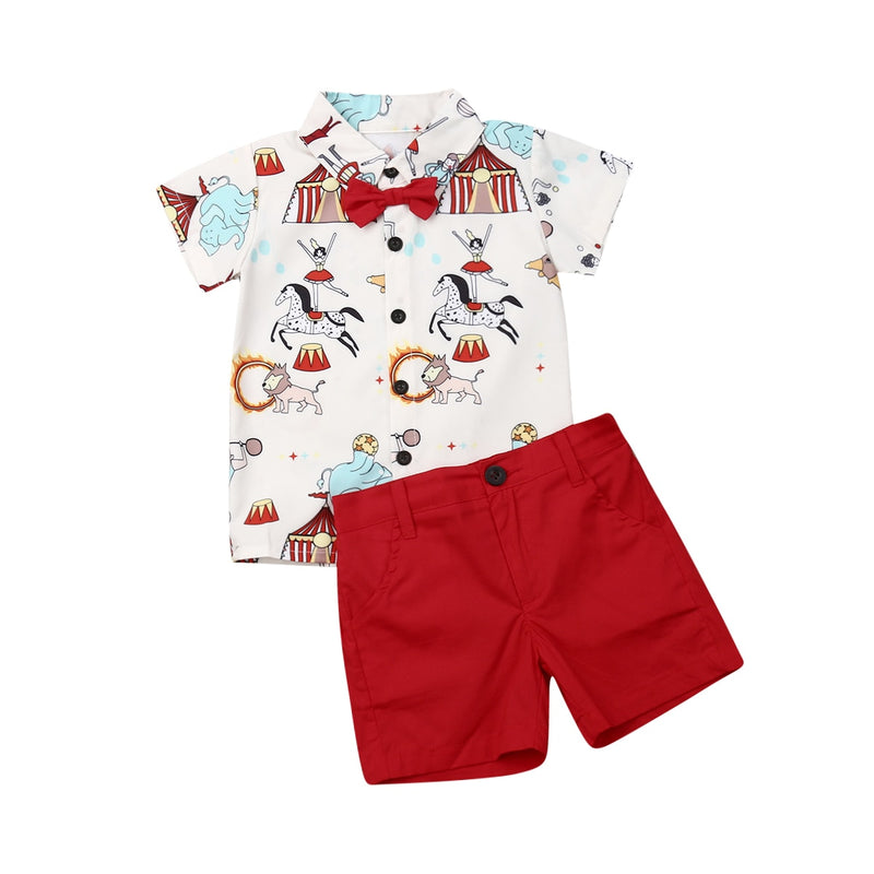 2Pcs Kids Boy Gentleman Clothes Set Casaul Toddler Baby Boy Clothes Cartoon Printed Circus Bow-knot Tops+Shorts Party Outfits