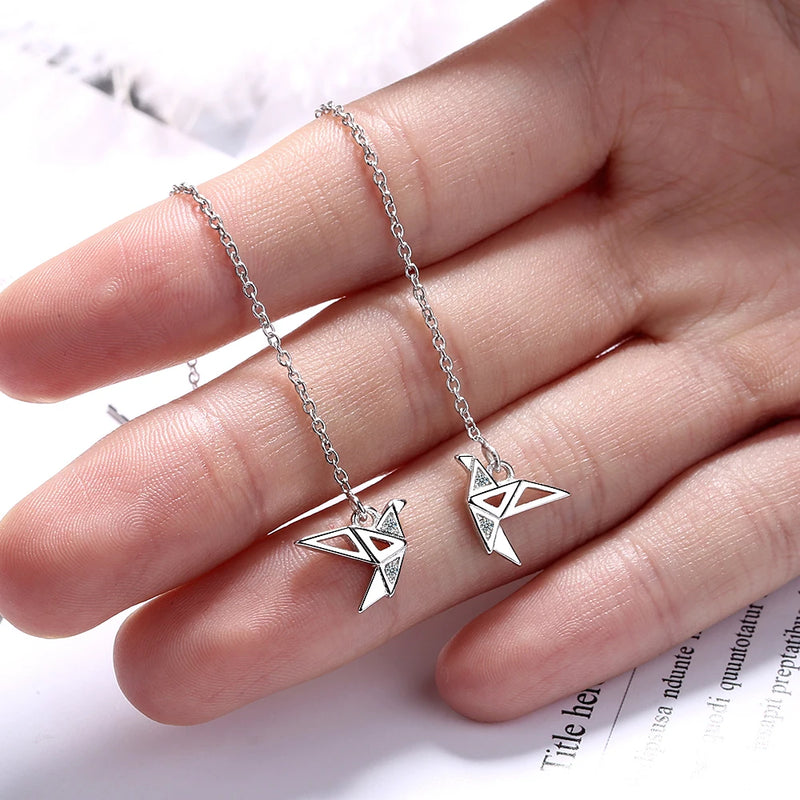 Real. 925 Sterling Silver Fine jewelry origami paper crane dangle earrings Threader GTLE2743