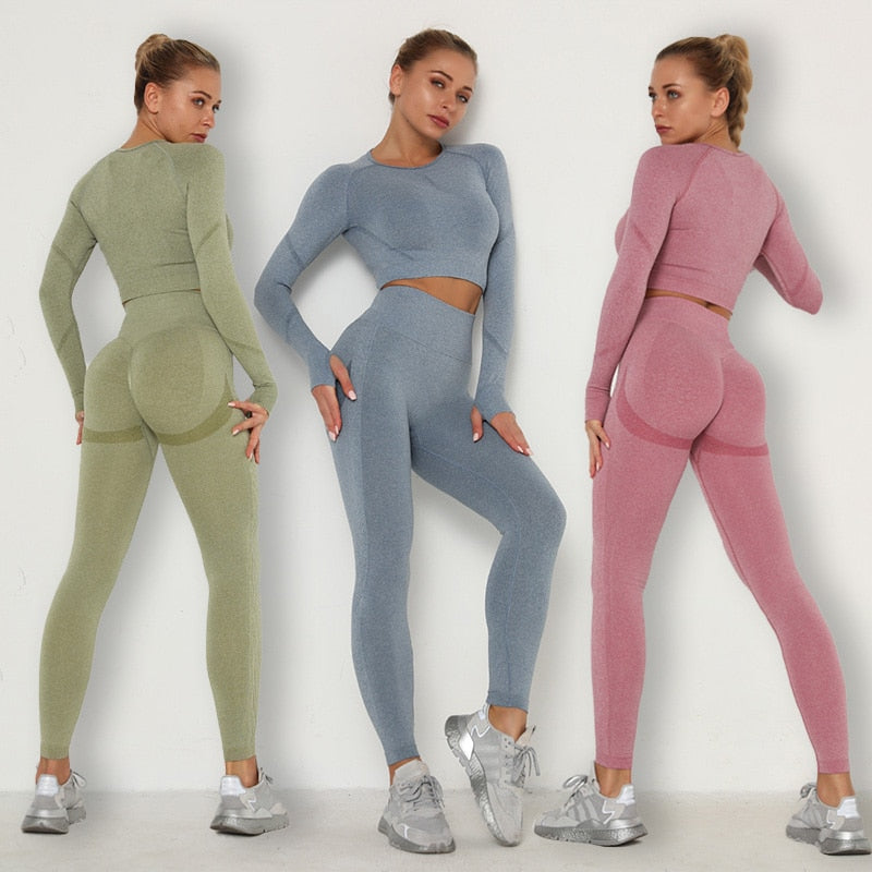 Seamless Women Yoga Set Fitness Workout Clothes Long Sleeve Crop Top High Waist Leggings + Sport Bra Sports Suits